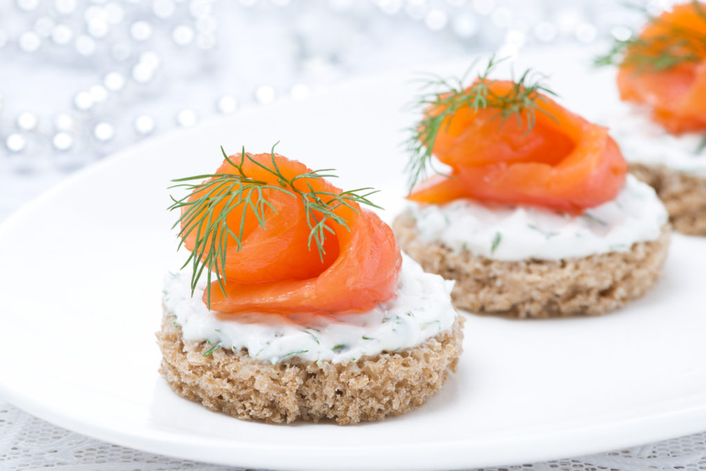 Canape,With,Rye,Bread,,Cream,Cheese,,Salmon,And,Greens,For