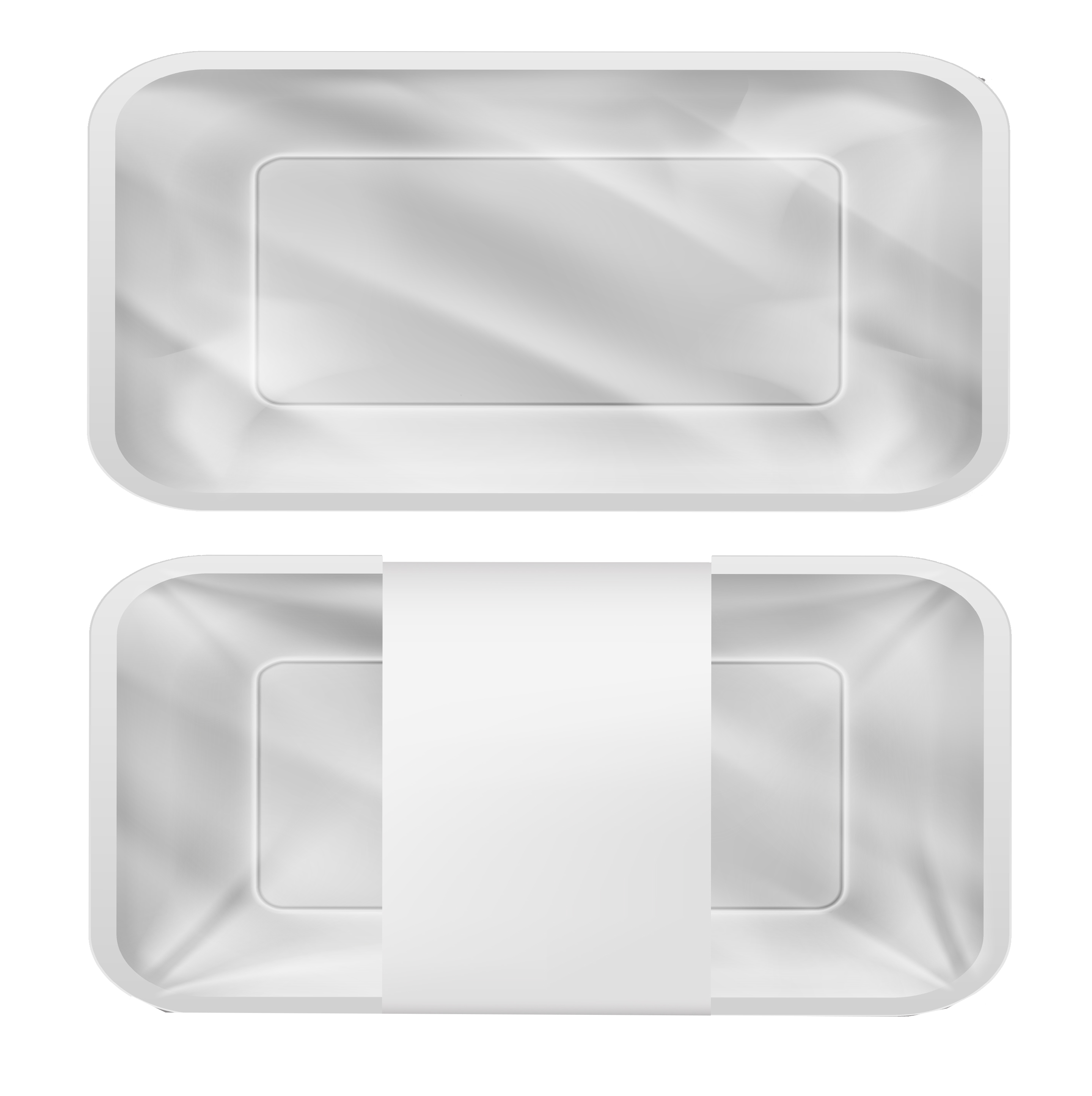 Vector 3d realistic plastic container for food, products with paper cover or plastic foil. Empty styrofoam box isolated on transparent background. Disposable packaging, kitchen or store object.